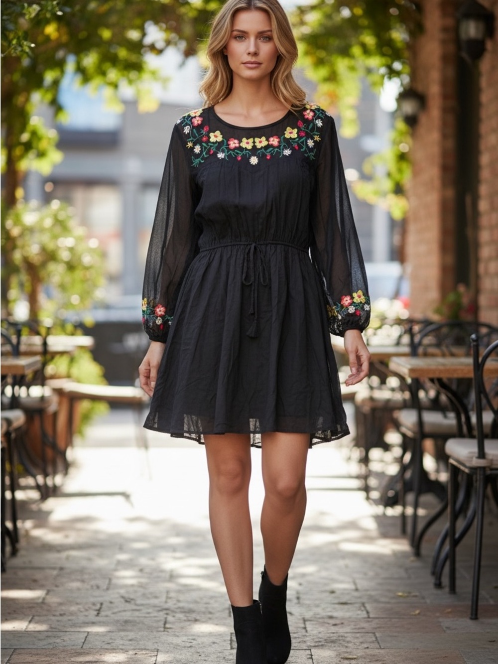 B55 True Destiny Black Floral Embroidered Mini Dress